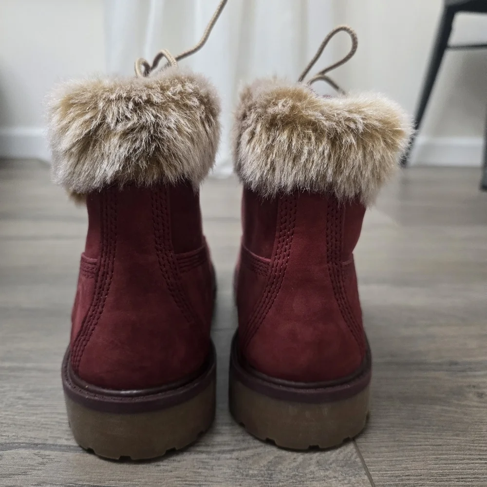 Timberland Faux Fur Girls Size 5 Burgandy Wine Winter Boots Primaloft 200 Gram